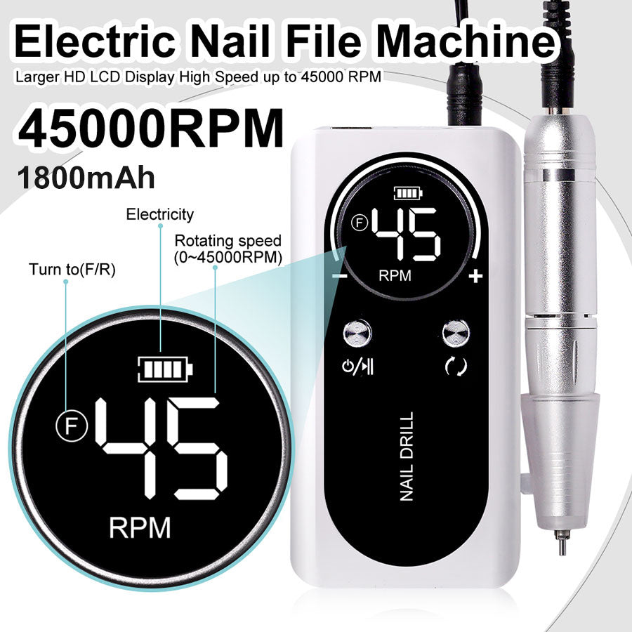 Professional Electric Nail Drill Machine, 45000RPM Rechargeable E-File Nail Drill Cordless, Electric Nail File Kit, Portable Electronic Grinder, Suitable For Nail Polish And Glue Nail Polish Polishing