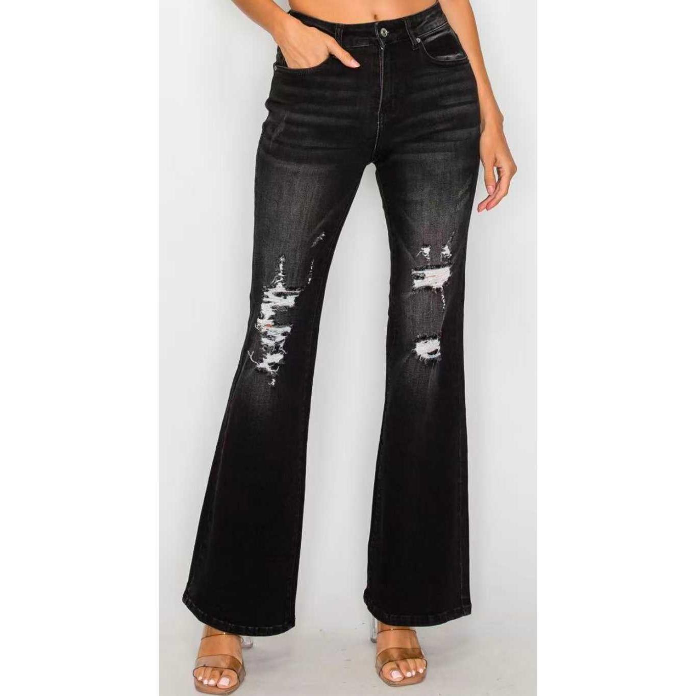 Black Low Waist Bell Bottom Jeans - Stretchy Slim Fit Fashion Denim