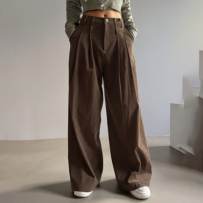 Women's Solid Color High-Waisted Pleated Pants, Wide Leg Trousers With Pockets For Casual Spring And Fall Wear