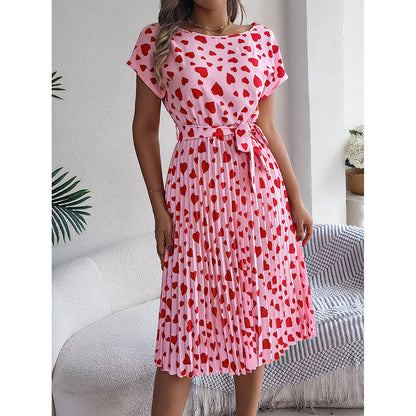Women's Heart Print Midi Dress - Crew Neck Short Sleeve Belted Pleated Sundress