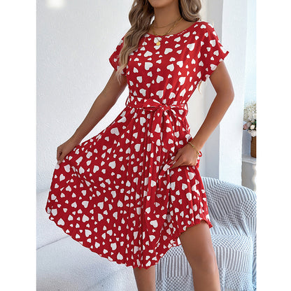Women's Heart Print Midi Dress - Crew Neck Short Sleeve Belted Pleated Sundress