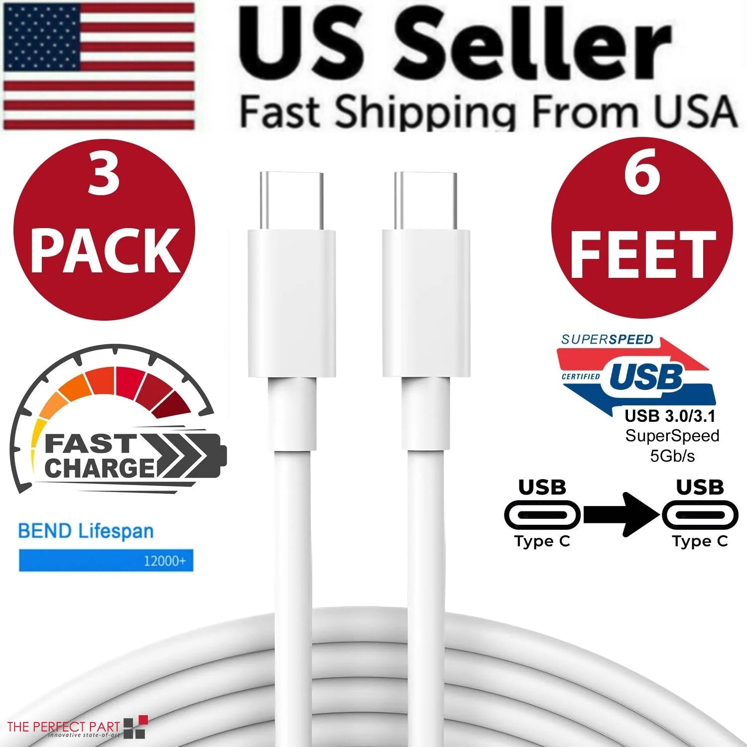 3 Pack 6FT USB-C to USB-C Cable Fast Charge Type C Charging Cord Rapid Charger