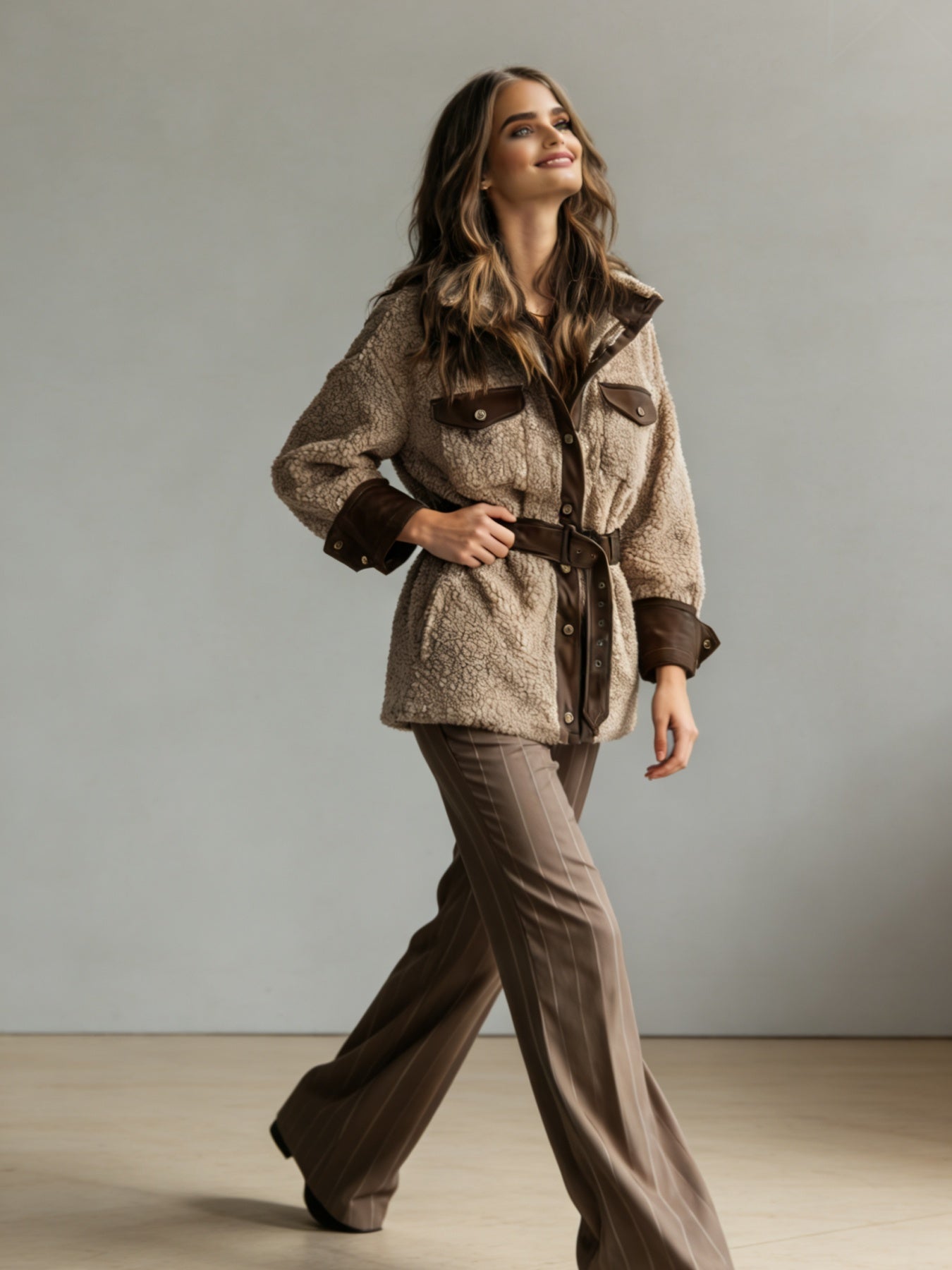 New Style Women's Autumn And Winter Clothing, New Style Women's Thickened Lamb Fur Stitching PU Leather Pocket Leather Belt Vintage Jacket