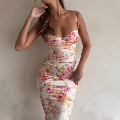 Women's Floral Bodycon Maxi Dress - Sexy Spaghetti Strap Vacation Dress