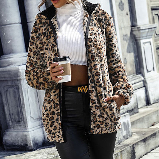 Women's Fuzzy Leopard Jacket, Hooded Plush Zip Up Coat For Fall Winter