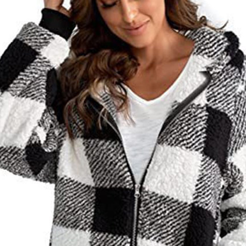 Women's Plaid Hooded Jacket, Long Sleeve Zip Up Oversized Coat With Pockets For Winter Casual And Commute