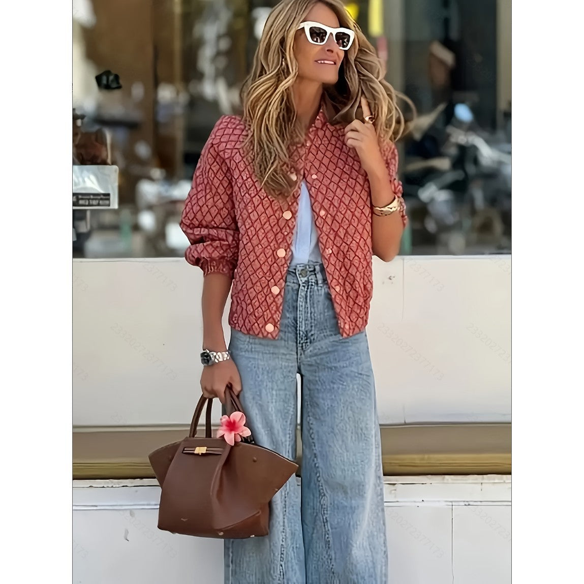 Womens Letter-Print Jacket With Buttons And Long Sleeves