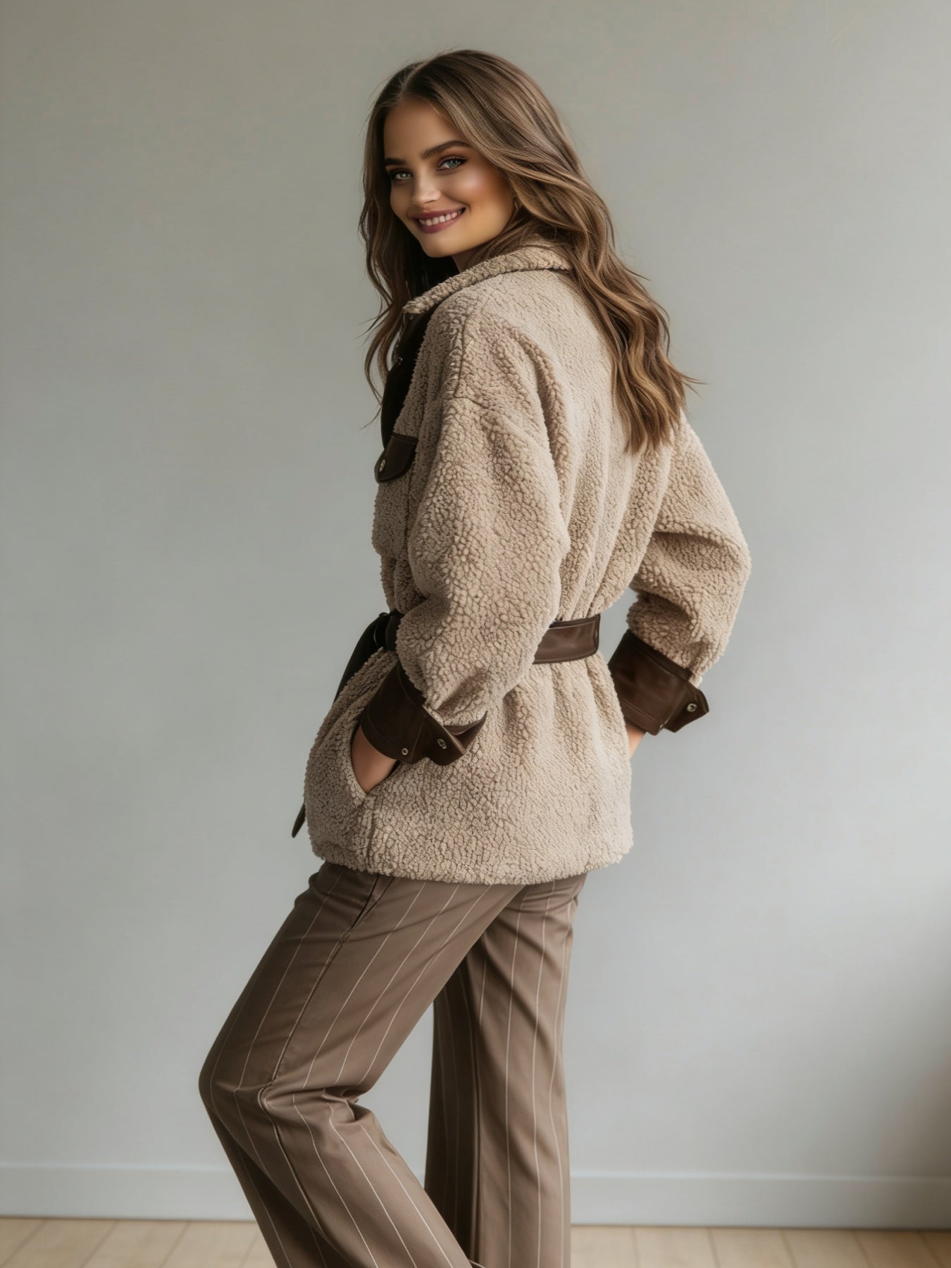 New Style Women's Autumn And Winter Clothing, New Style Women's Thickened Lamb Fur Stitching PU Leather Pocket Leather Belt Vintage Jacket