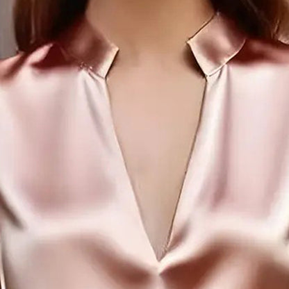 Women's Elegant V-Neck Long Sleeve Solid Color Satin Top Slim Fit Blouse For Office Party & Daily Wear