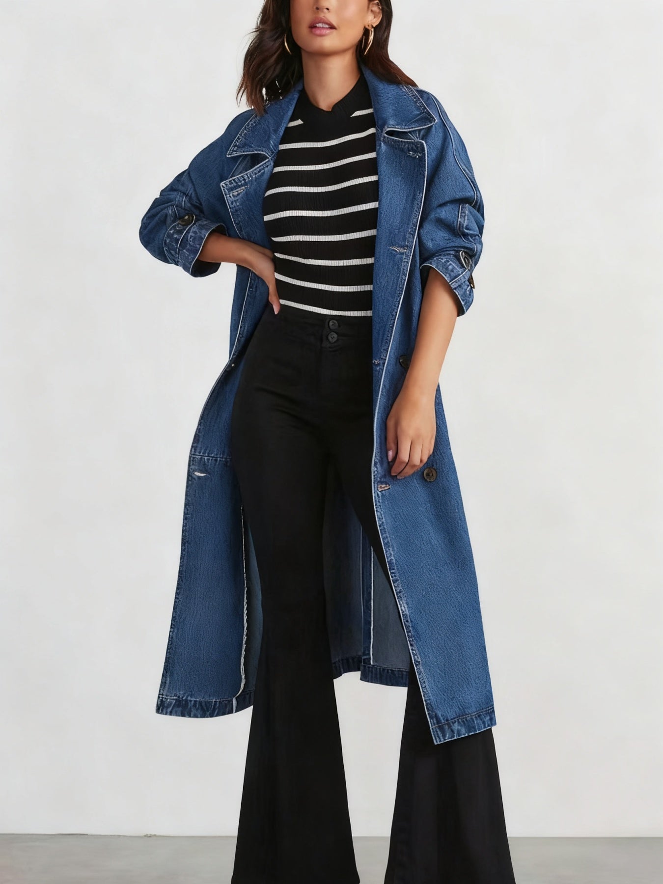 New Fashionable Denim Women's Windbreaker, Pure Color Turtleneck Long-sleeved Lace-up Long Denim Jacket For Women