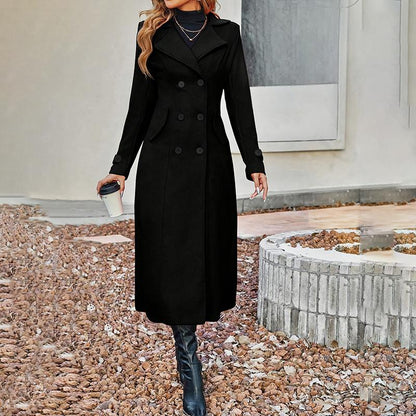 Women's Fall Winter Double Breasted Wool Coat Long Sleeve Notch Lapel Midi Long Trench Coat