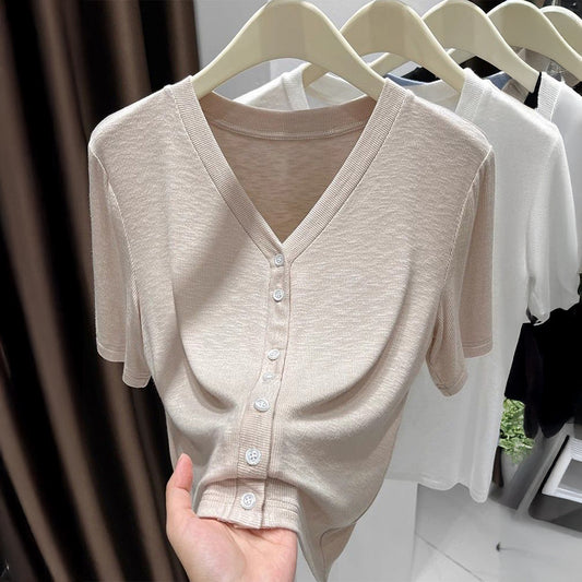 Womens Solid-color Fashionable Minimalist Short-sleeve Top