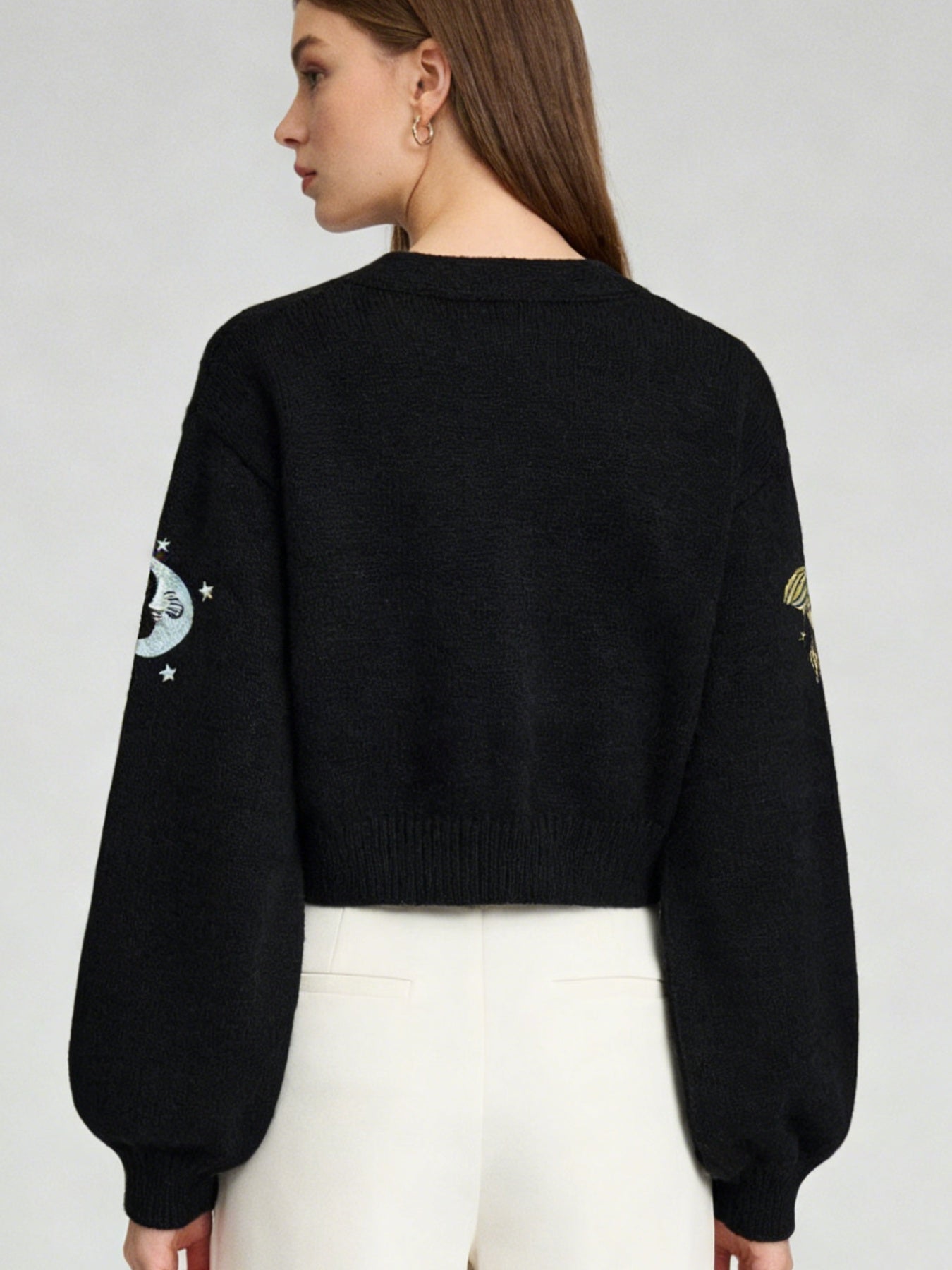 New Women's Embroidery Button Knitted Cardigan Sweater With Sun And Moon Pattern Lantern Sleeves V-neck Cardigan Top