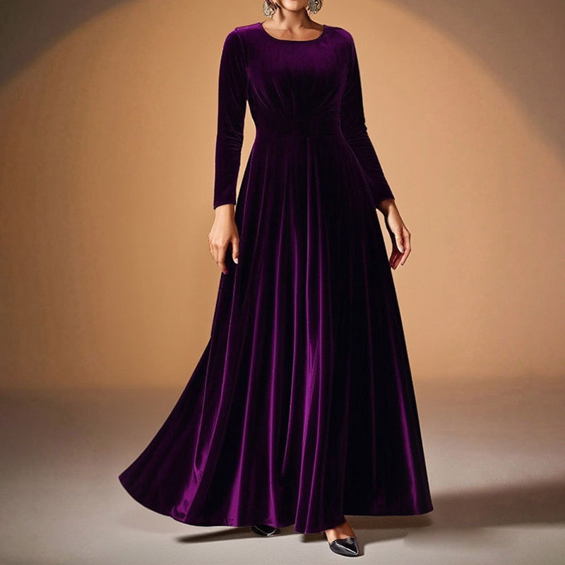 Women's Elegant Velvet Pleated Long Sleeve Cocktail Party Formal Wedding Guest A-Line Maxi Long Dress