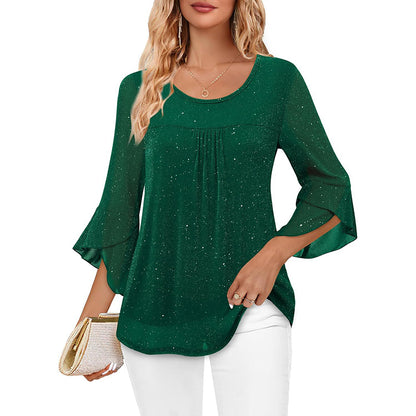 Womens Ruffle 3 4 Sleeve Sparkle Top Blouses Casual Shirts Crew Neck Glitter Night Out Tops