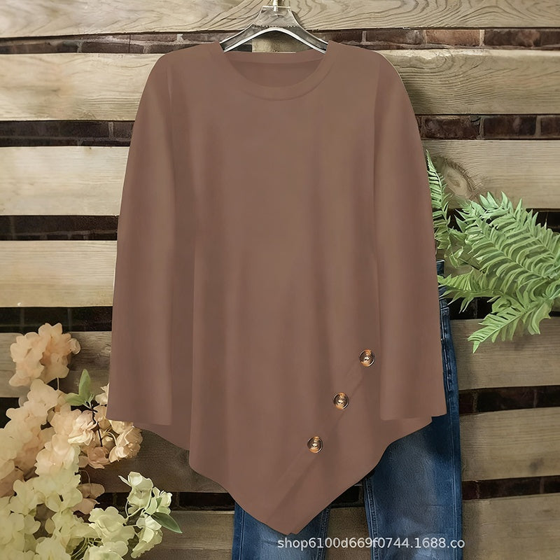 Plus Size Women's Round Neck Long Sleeve Top With Asymmetric Hem & Button Detail, Solid Color Casual Pullover For Spring Autumn