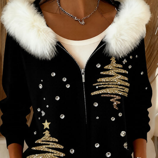 Fashionable 3D Digital Printed Women's Cardigan With Fur Collar And Hooded Sweatshirt