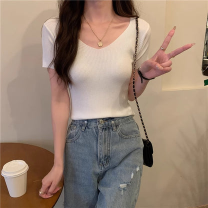 Cream-yellow V-neck Cap-sleeve Short-sleeve Womens Summer Top