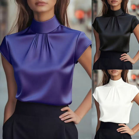 Women's Elegant Solid Color High-Neck Satin Short Sleeve Top, Summer Office Blouse With Ruffle Detail
