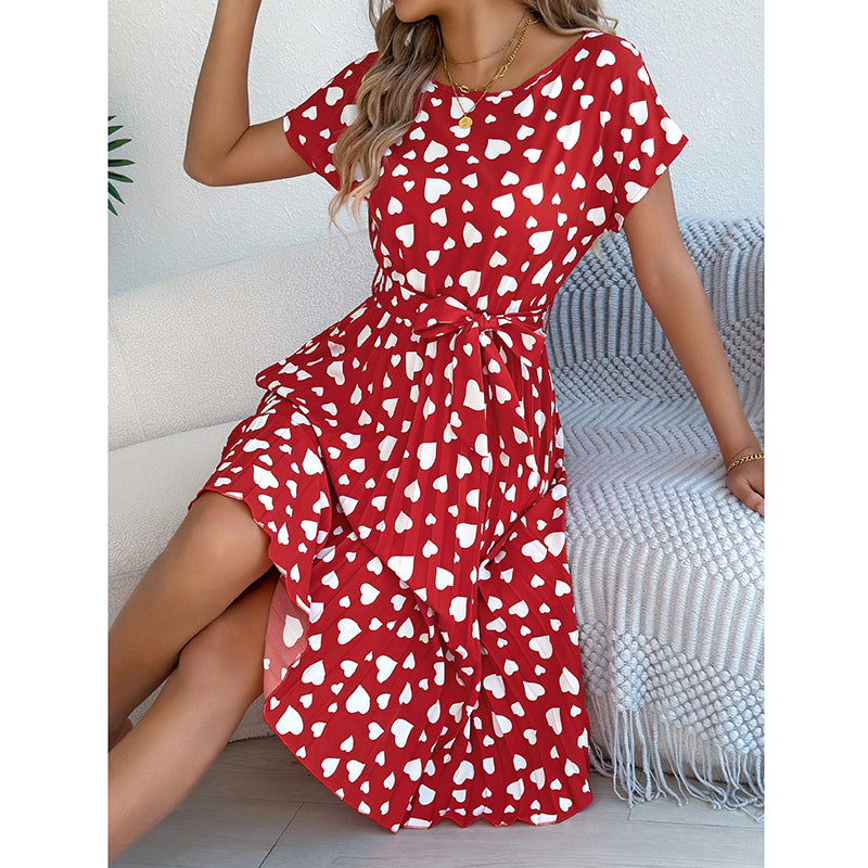Women's Heart Print Midi Dress - Crew Neck Short Sleeve Belted Pleated Sundress