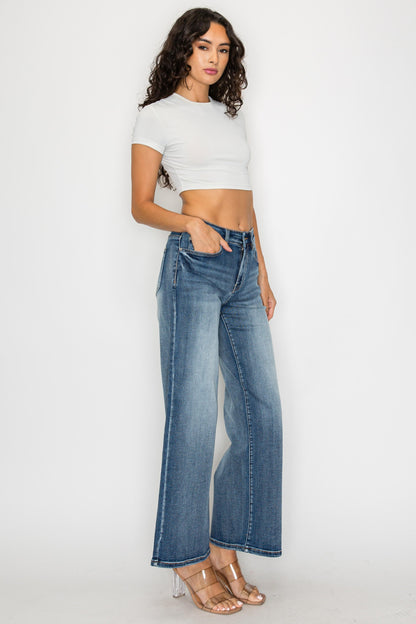 Dark Blue Plus Size High-Waisted Flare Pants Wide-Leg Trousers For Curvy Women