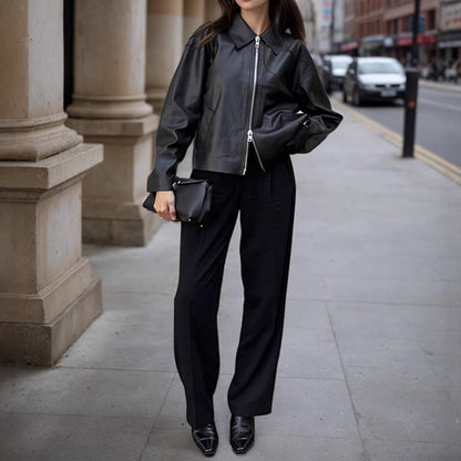 Women's Faux Leather Jacket, Cropped Zip Up Long Sleeve Casual Coat With Pockets