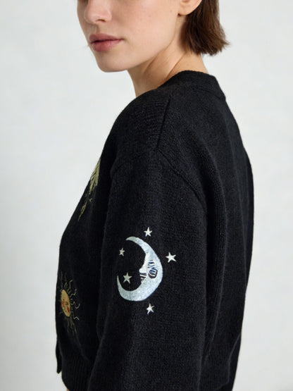 New Women's Embroidery Button Knitted Cardigan Sweater With Sun And Moon Pattern Lantern Sleeves V-neck Cardigan Top