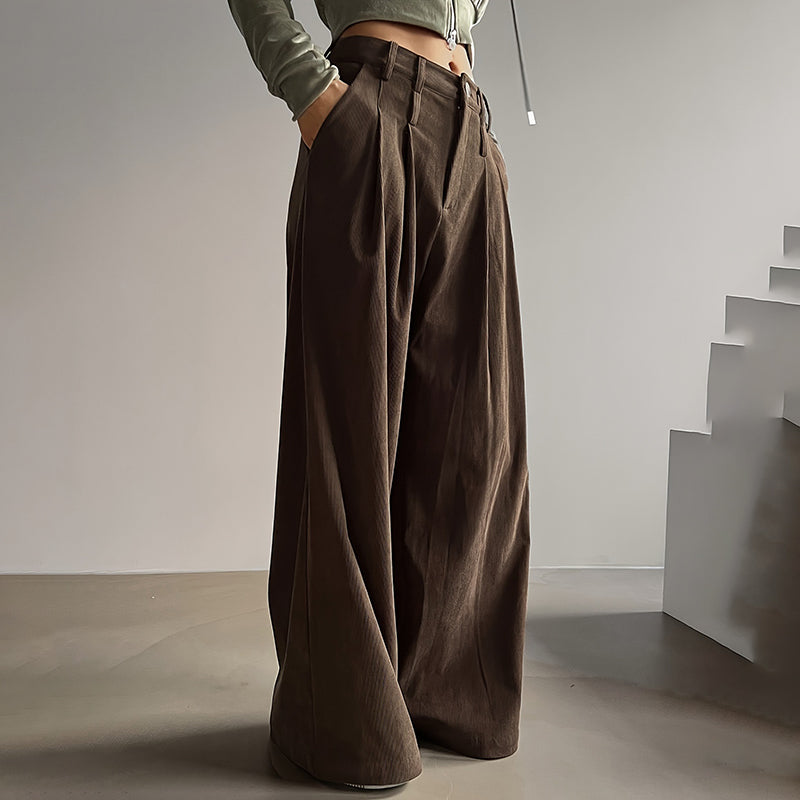 Women's Solid Color High-Waisted Pleated Pants, Wide Leg Trousers With Pockets For Casual Spring And Fall Wear