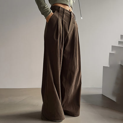 Women's Solid Color High-Waisted Pleated Pants, Wide Leg Trousers With Pockets For Casual Spring And Fall Wear