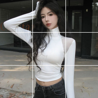 Springautumn American-style Sexy Sheer Mesh-panel Long-sleeve Top