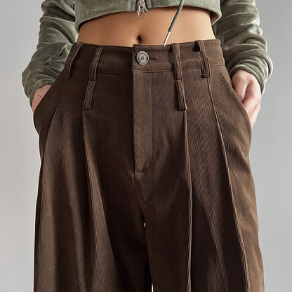 Women's Solid Color High-Waisted Pleated Pants, Wide Leg Trousers With Pockets For Casual Spring And Fall Wear