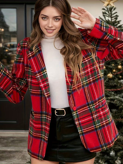 New Women's European And American Style Autumn And Winter Christmas Red Plaid Long-sleeved Suit Jacket