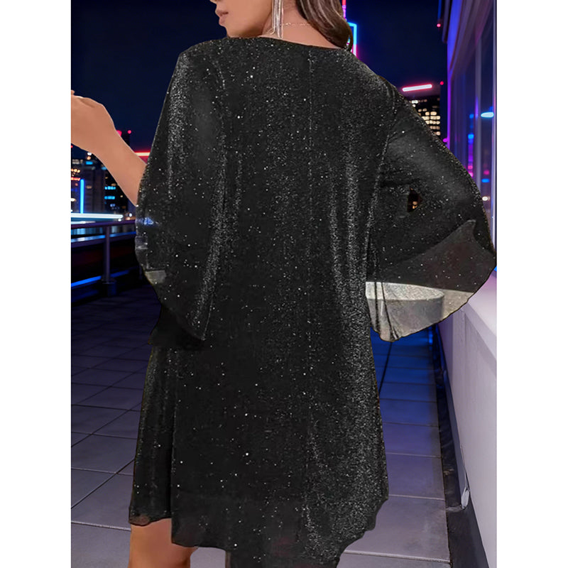 Women's Plus Size Sparkly Mini Dress - V-Neck Split Sleeve Party Dress