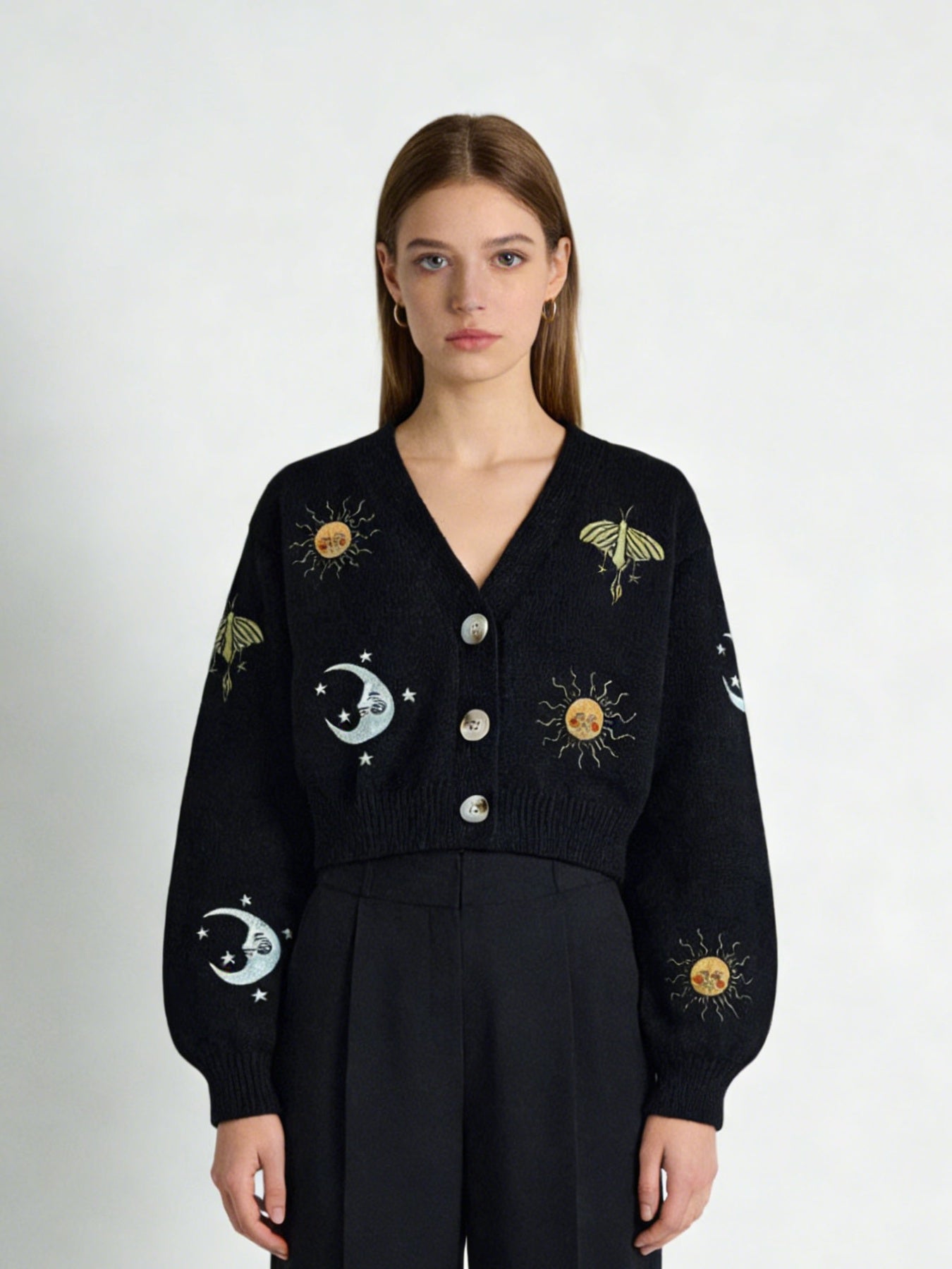 New Women's Embroidery Button Knitted Cardigan Sweater With Sun And Moon Pattern Lantern Sleeves V-neck Cardigan Top
