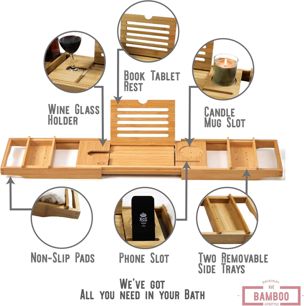 Bathtub Caddy Tray Expandable to 105Cm with Bamboo Book Stand and Soap Tray, Natural