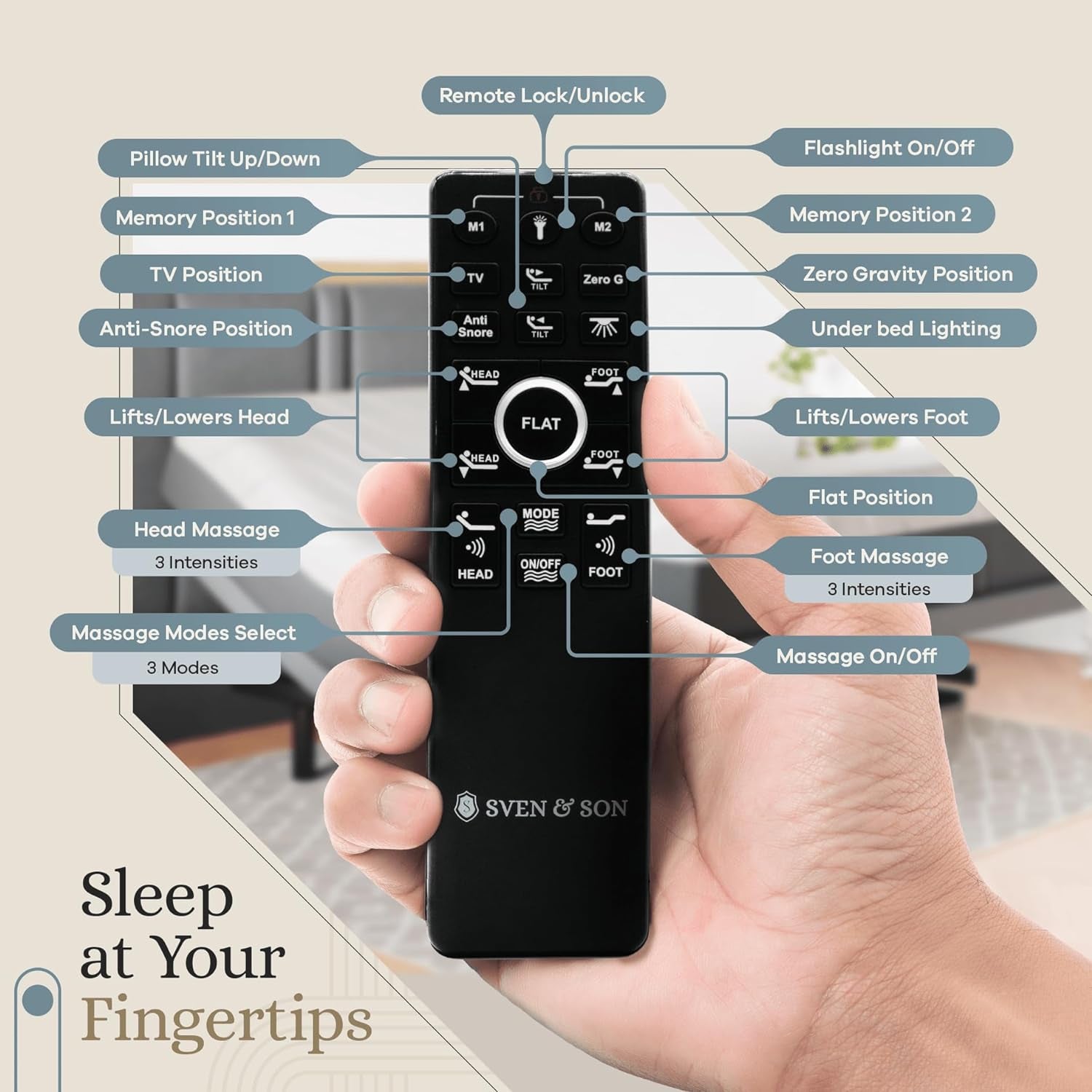 Harmony Adjustable Bed Base, Head and Foot Lift, Massage, Under-Bed Lights, USB, Gel Memory, Zero Gravity Smart Frame - Queen