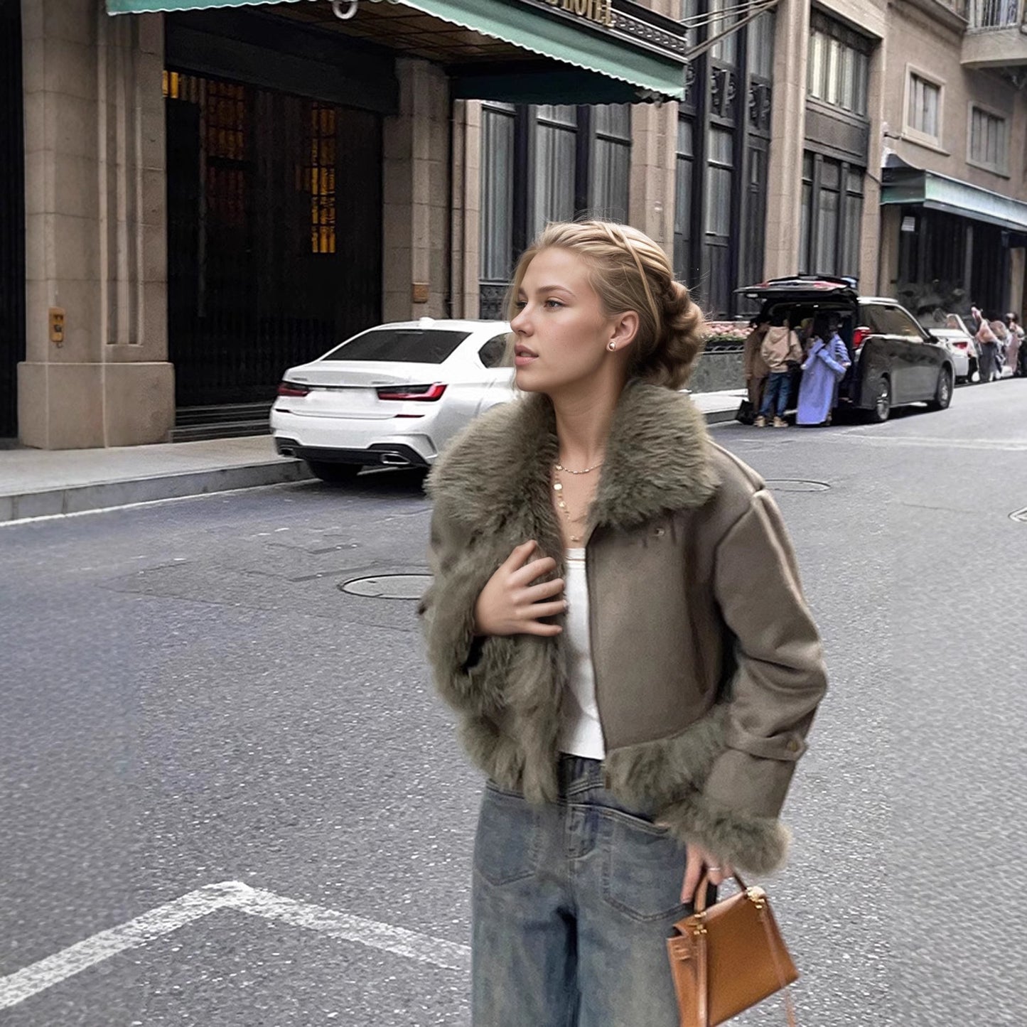 Leather-and-fur Jacket With Suede Lining Short Biker Style