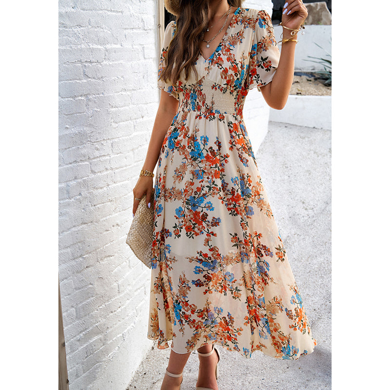 Women's Floral Puff Sleeve Midi Dress - Boho V-Neck Smocked Dress
