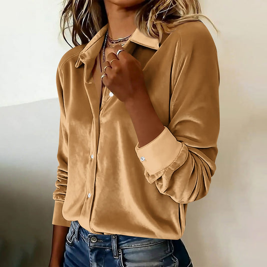Versatile Solid-color Gold-velvet Shirt With A Lapel Collar