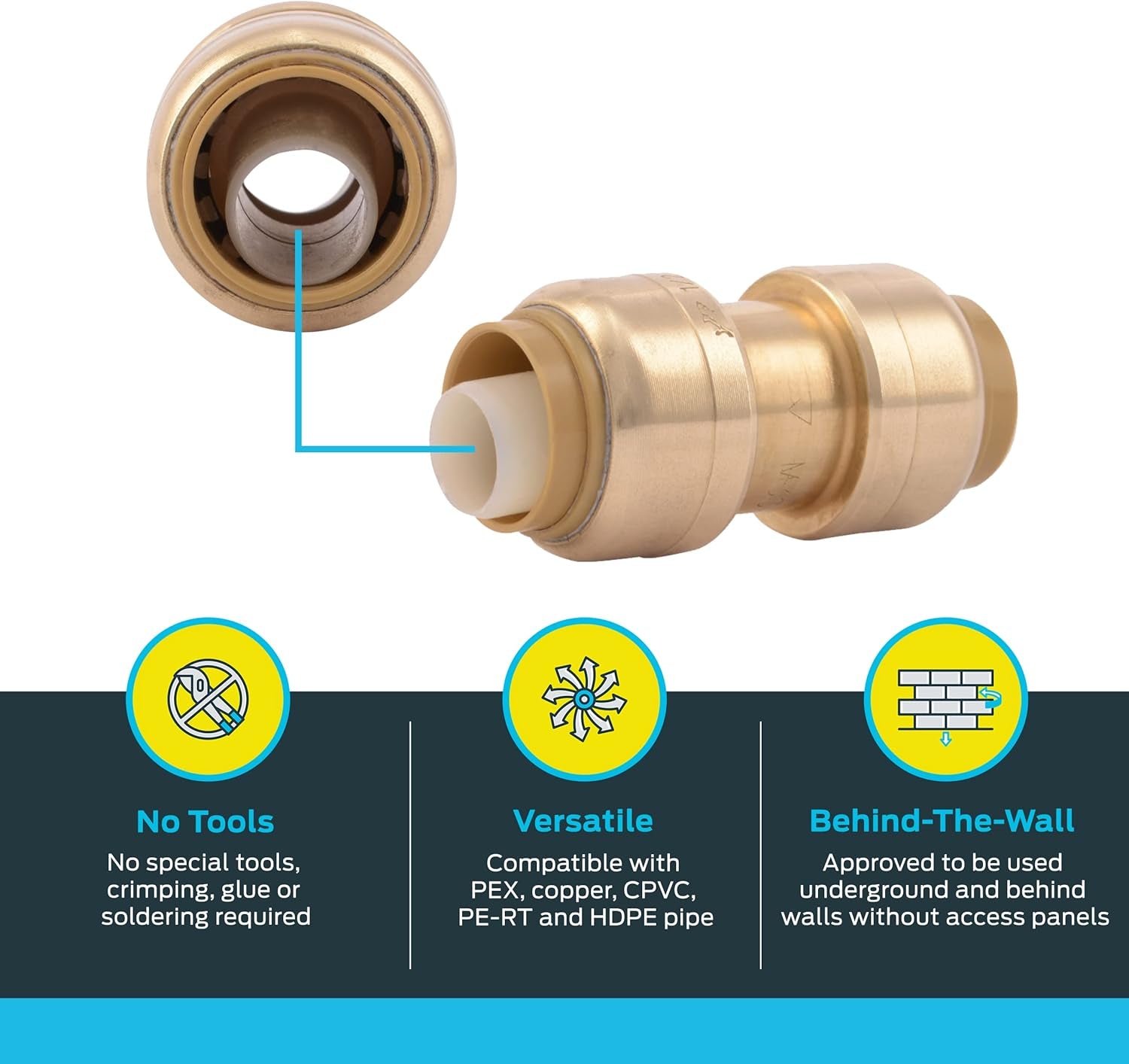 1/2 Inch Coupling, Pack of 4, Push to Connect Brass Plumbing Fitting, PEX Pipe, Copper, CPVC, PE-RT, HDPE, U008LFA4