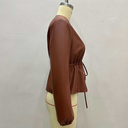 Women's Zip Front Faux Leather Jacket, Long Sleeve Drawstring Waist Jacket