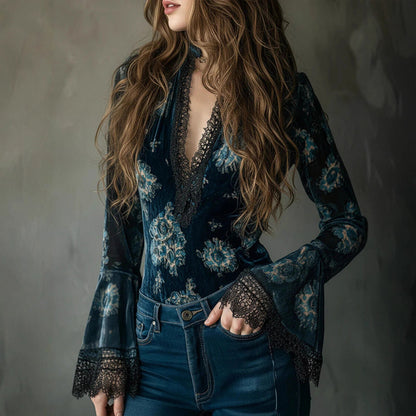 Women's Retro Lace Panel Blouse Elegant V-Neck Print Bell Long Sleeve Top For Spring Autumn Daily Wear