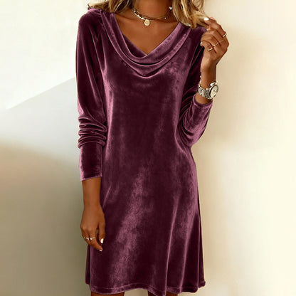 Women's Elegant Solid Color Velvet Cowl Neck Midi Dress, Long Sleeve Comfortable Dress For Spring & Autumn
