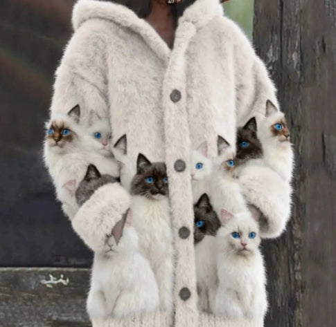 Womens Printed Cat-Design Jacket Top