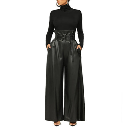 Women's Fashion High-Waisted PU Wide-Leg Pants, Solid Color Metal Belt Detail Trousers With Pockets