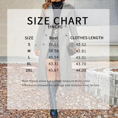 Women's Fall Winter Double Breasted Wool Coat Long Sleeve Notch Lapel Midi Long Trench Coat