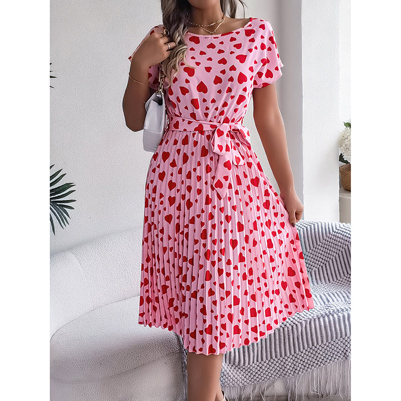 Women's Heart Print Midi Dress - Crew Neck Short Sleeve Belted Pleated Sundress