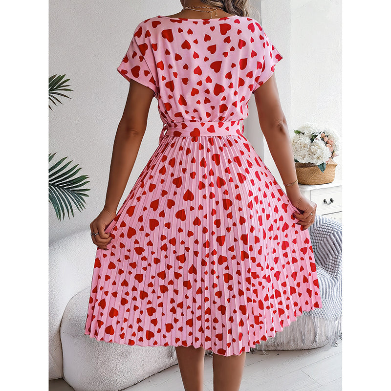 Women's Heart Print Midi Dress - Crew Neck Short Sleeve Belted Pleated Sundress