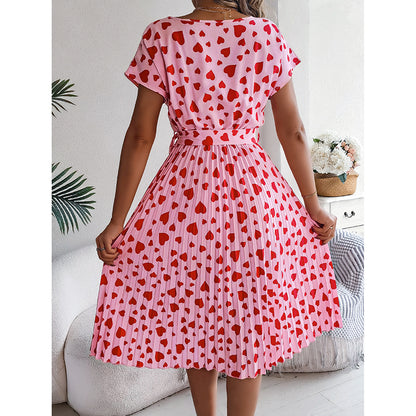 Women's Heart Print Midi Dress - Crew Neck Short Sleeve Belted Pleated Sundress