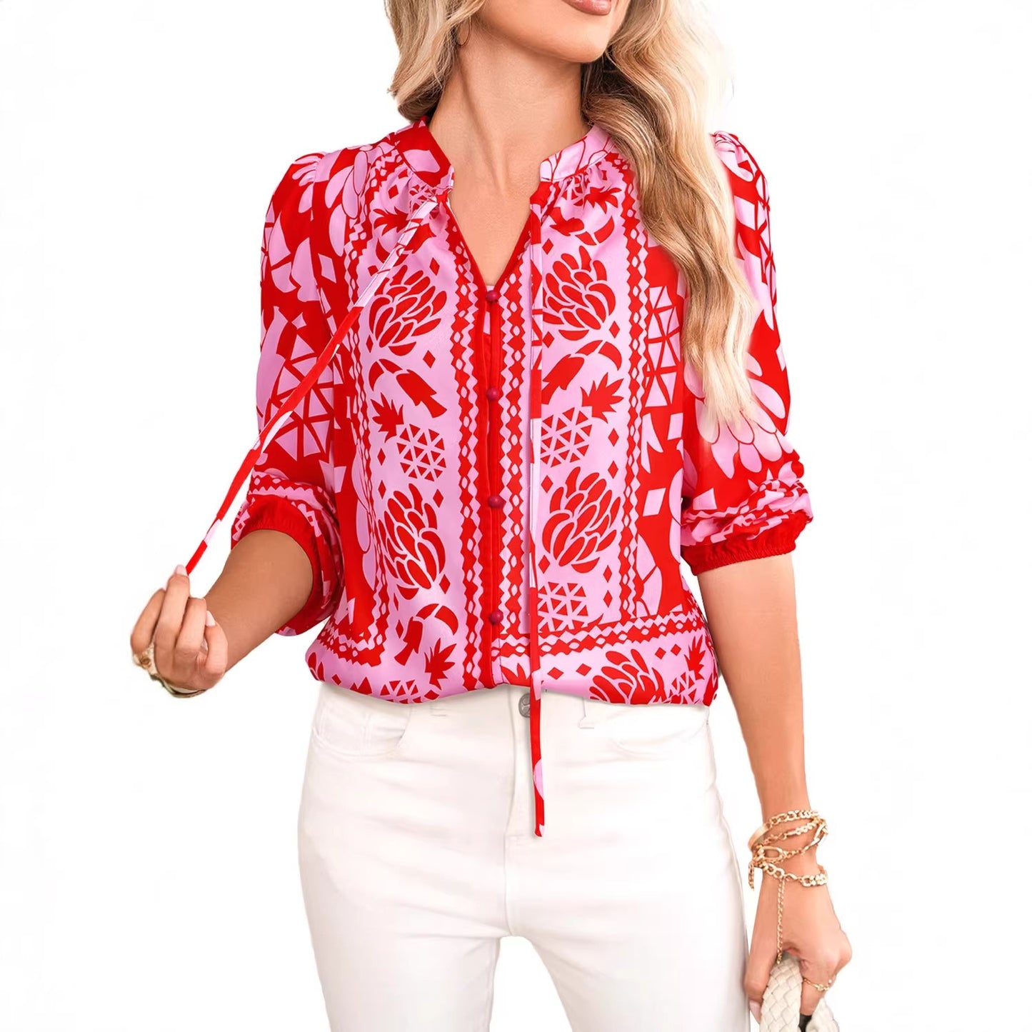 Womens New Pointed-Collar Printed Long-Sleeve Cardigan Shirt